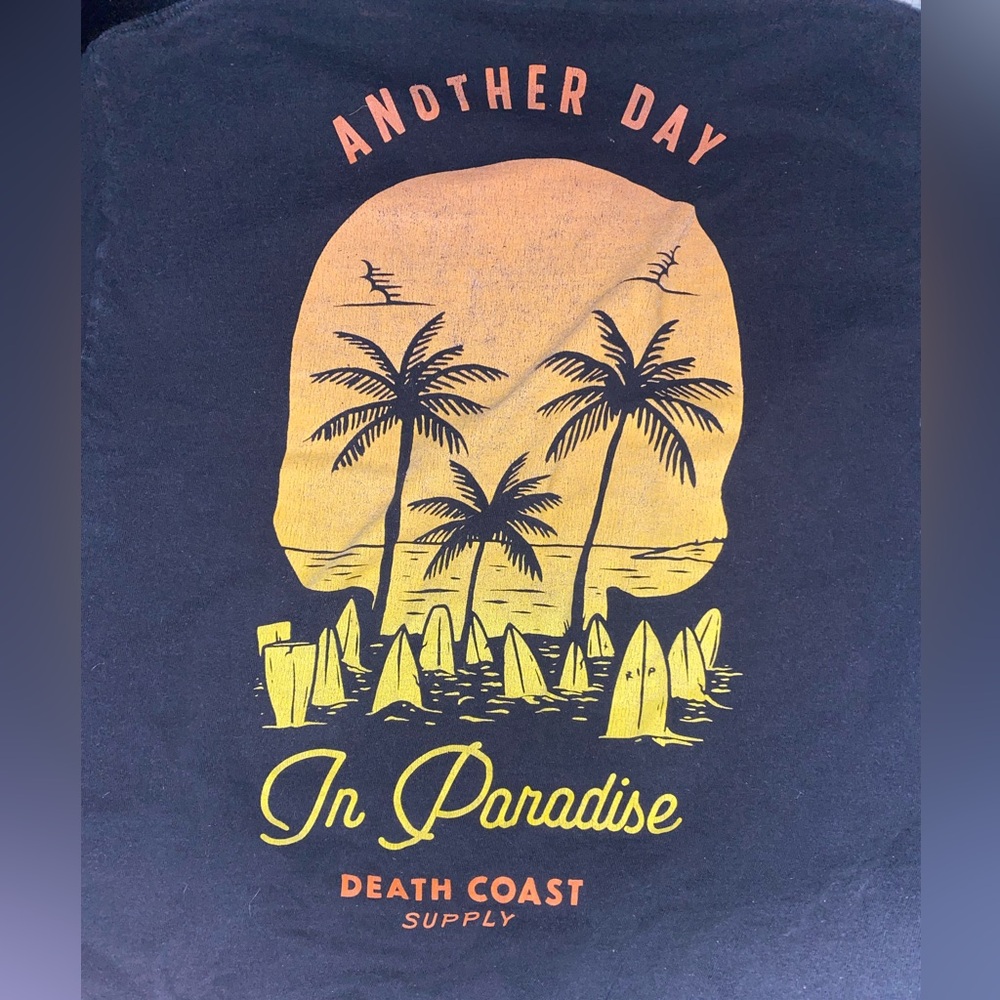 Black Graphic Tee with Skull and Palm Trees